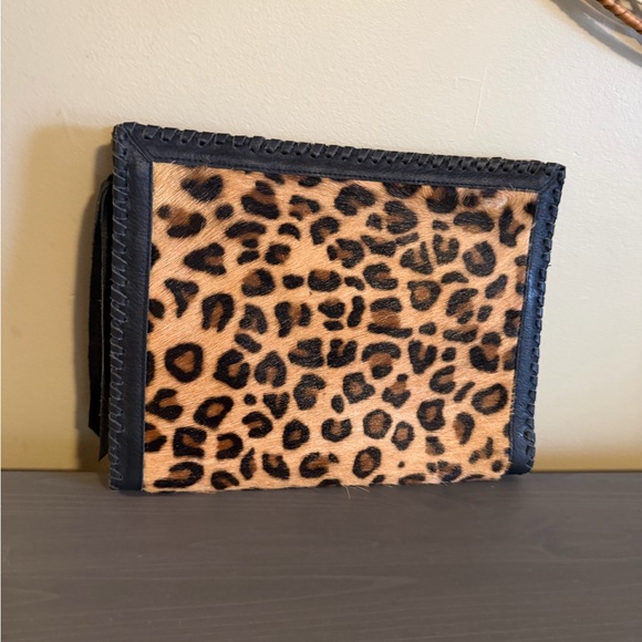 Cleobella Leopard Print Calf Hair Envelope Clutch with Black Leather Trim - Picture 2 of 12